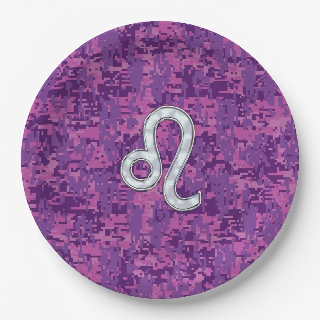 Leo Zodiac Sign on Pink Fuchsia Digital Camo Paper Plate (Front)