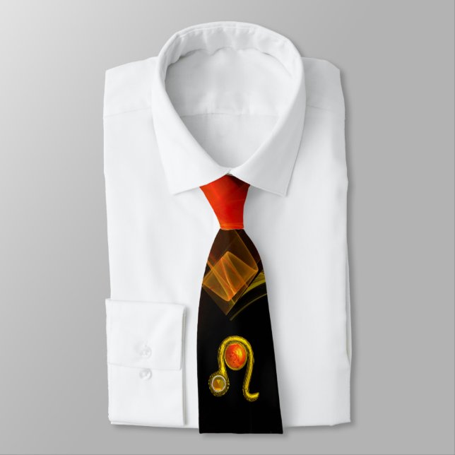 LEO ZODIAC SIGN  ,RED ORANGE FRACTAL WAVES,SWIRLS TIE (Tied)