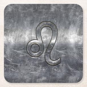 Leo Zodiac Symbol in Grunge Distressed Style Square Paper Coaster