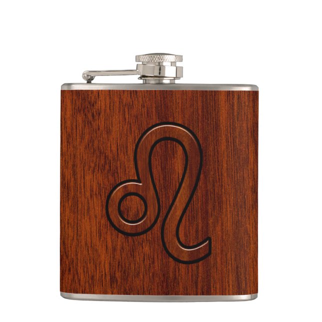Leo Zodiac Symbol in Mahogany wood style decor Hip Flask (Front)