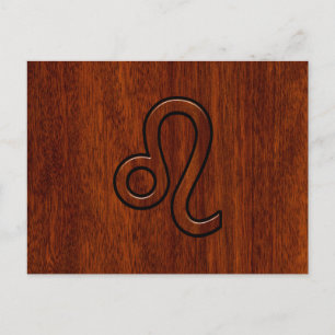 Leo Zodiac Symbol in Mahogany wood style decor Postcard