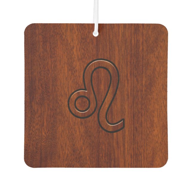 Leo Zodiac Symbol in Rich Mahogany wood style Car Air Freshener (Front)