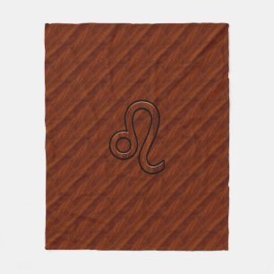 Leo Zodiac Symbol in Rich Mahogany wood style Fleece Blanket