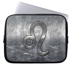 Leo Zodiac Symbol in Silver Steel Style Laptop Sleeve