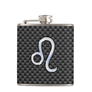 Leo Zodiac Symbol on Carbon Fibre Style Print Hip Flask