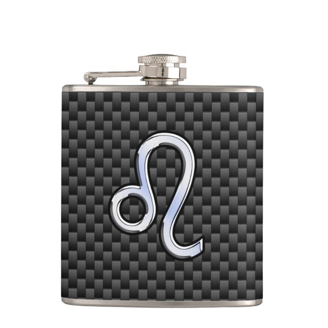 Leo Zodiac Symbol on Carbon Fibre Style Print Hip Flask (Front)