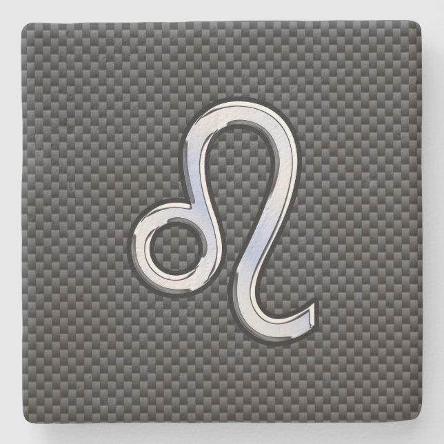 Leo Zodiac Symbol on Carbon Fibre Style Print Stone Coaster (Front)