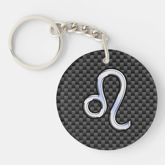 Leo Zodiac Symbol on Charcoal Carbon Fibre Decor Key Ring (Front)