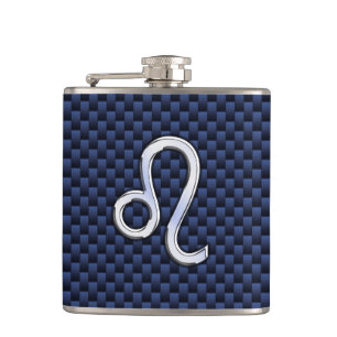Leo Zodiac Symbol on Navy Blue Carbon Fibre Print Hip Flask