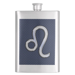 Leo Zodiac Symbol on Navy Blue Carbon Fibre Print Hip Flask