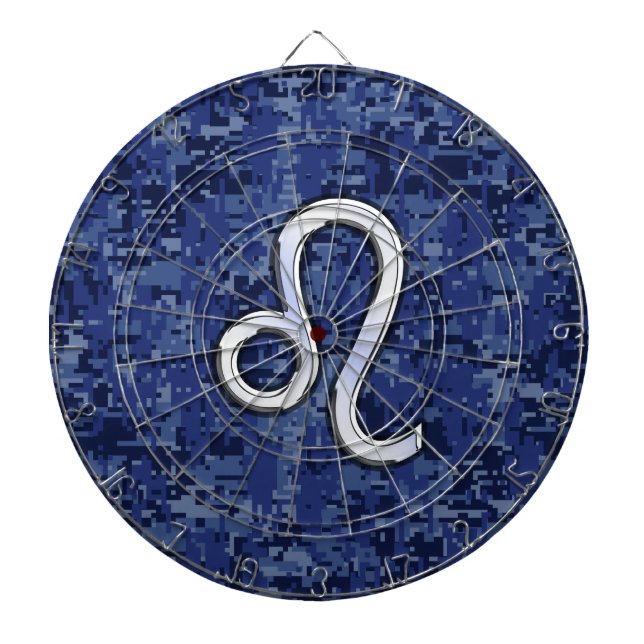 Leo Zodiac Symbol on Navy Blue Digital Camo Dartboard (Front)