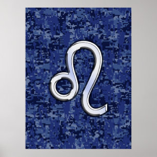 Leo Zodiac Symbol on Navy Blue Digital Camo Poster