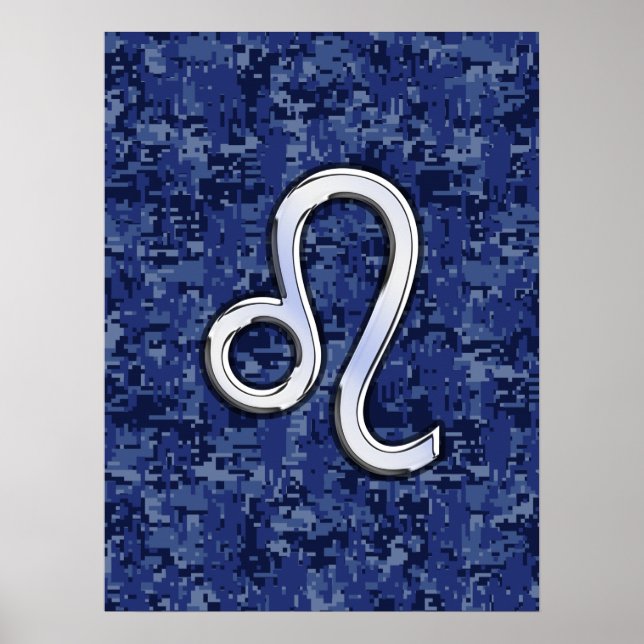 Leo Zodiac Symbol on Navy Blue Digital Camo Poster (Front)