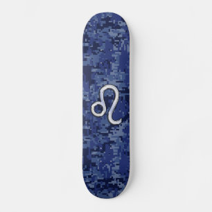 Leo Zodiac Symbol on Navy Blue Digital Camo Skateboard
