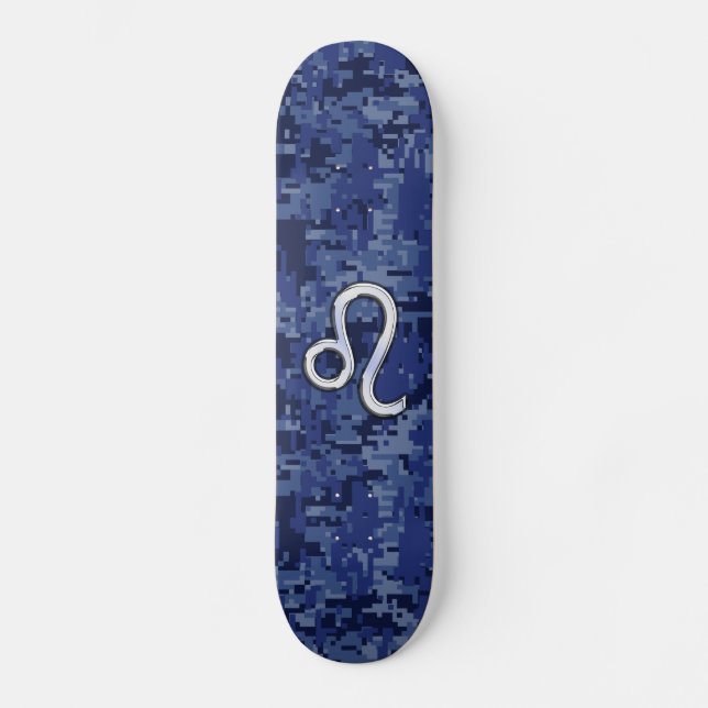 Leo Zodiac Symbol on Navy Blue Digital Camo Skateboard (Front)