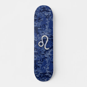 Leo Zodiac Symbol on Navy Blue Digital Camo Skateboard