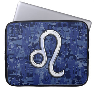 Leo Zodiac Symbol on Navy Blue Digital Camouflage Laptop Sleeve