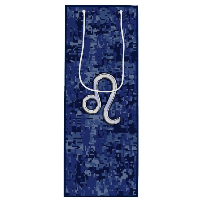 Leo Zodiac Symbol on Navy Blue Digital Camouflage Wine Gift Bag (Front)