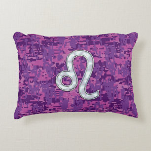 Leo Zodiac Symbol on Pink Fuchsia Digital Camo Decorative Cushion