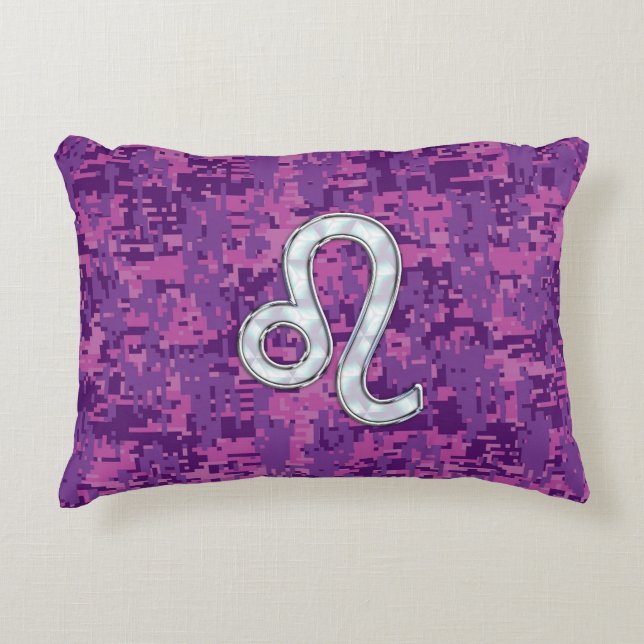 Leo Zodiac Symbol on Pink Fuchsia Digital Camo Decorative Cushion (Front)