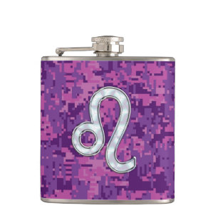 Leo Zodiac Symbol on Pink Fuchsia Digital Camo Hip Flask
