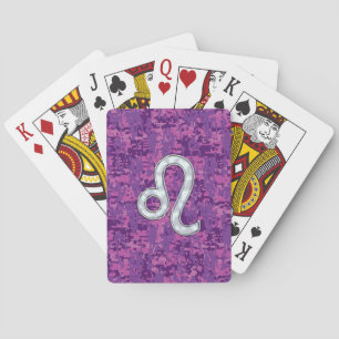 Leo Zodiac Symbol on Pink Fuchsia Digital Camo Playing Cards