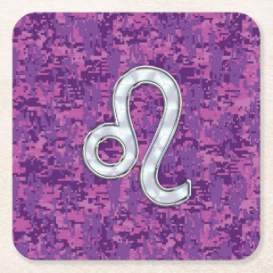 Leo Zodiac Symbol on Pink Fuchsia Digital Camo Square Paper Coaster