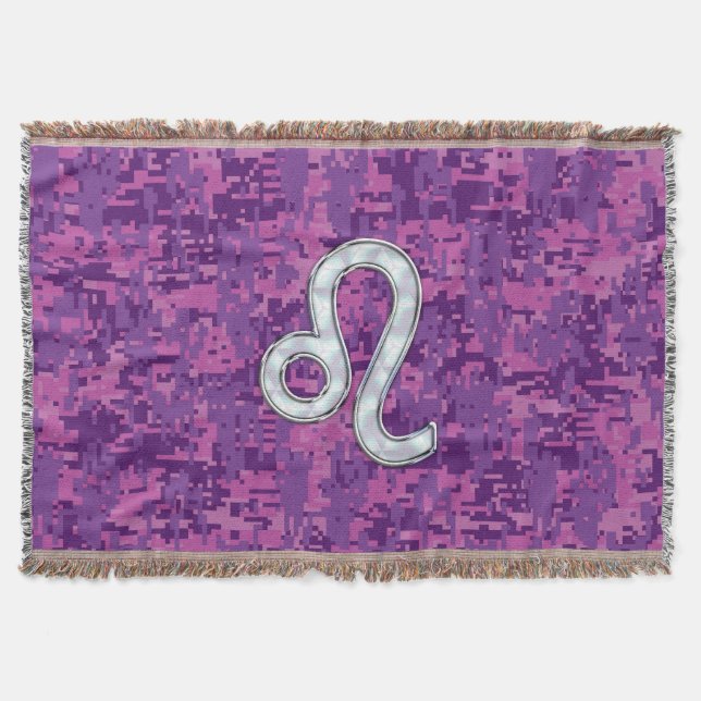 Leo Zodiac Symbol on Pink Fuchsia Digital Camo Throw Blanket (Front)
