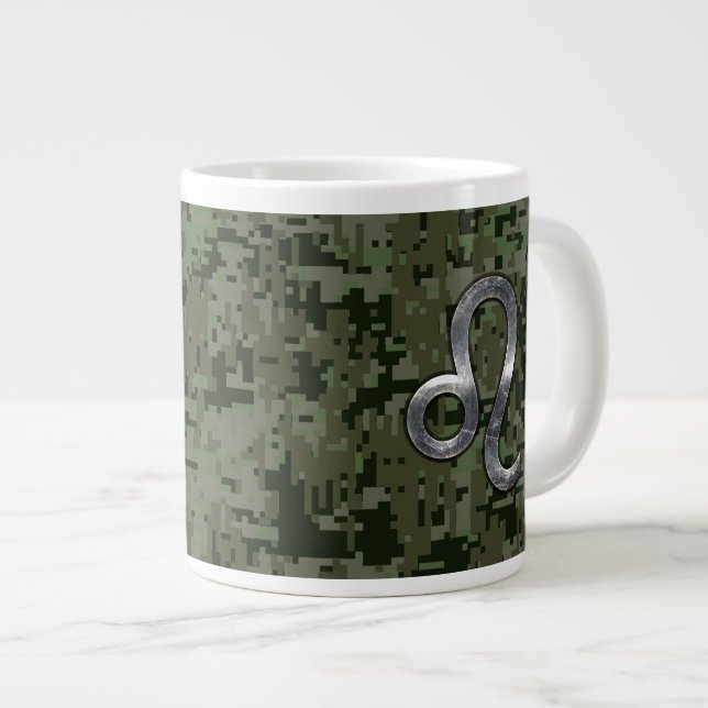Leo Zodiac Symbol on Woodland Digital Camo Large Coffee Mug (Front Right)