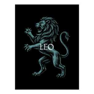 Leo Zodiac – Vintage Lion in Teal on Black Poster