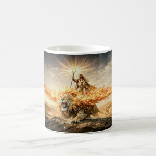 Leo Zodiac with Warrior Riding a Fiery Winged Lion Coffee Mug