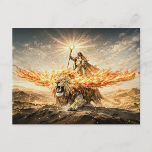 Leo Zodiac with Warrior Riding a Fiery Winged Lion Postcard (Front)