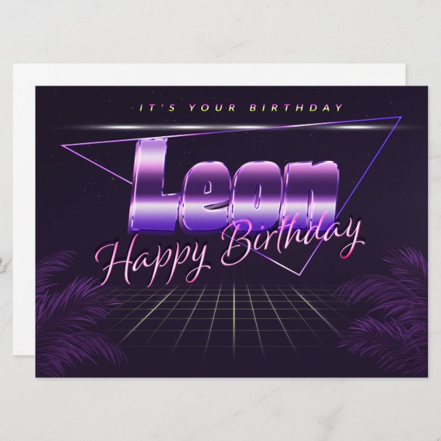 Leon Name First Name purple retro card birthday (Front/Back)