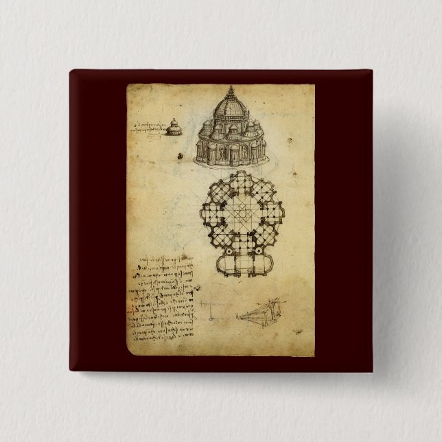 Leonardo da Vinci's Architectural Cathedral Study 15 Cm Square Badge (Front)