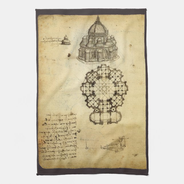 Leonardo da Vinci's Architectural Cathedral Study Tea Towel (Vertical)
