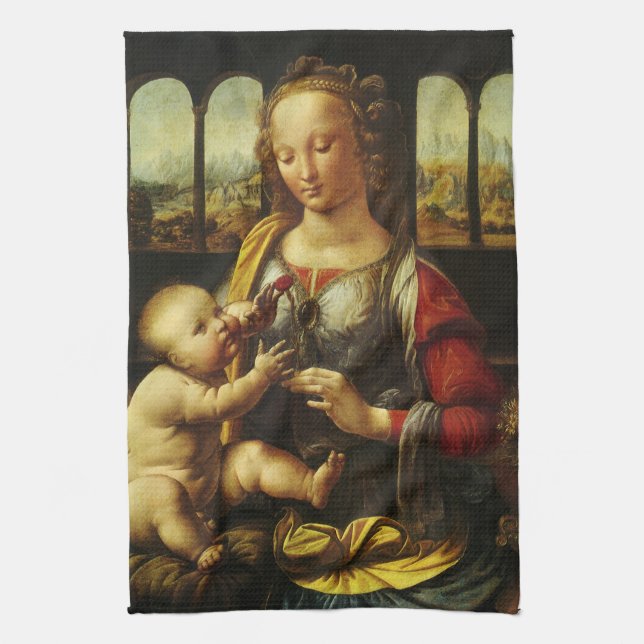 Leonardo da Vinci's Madonna of the Carnation Tea Towel (Vertical)