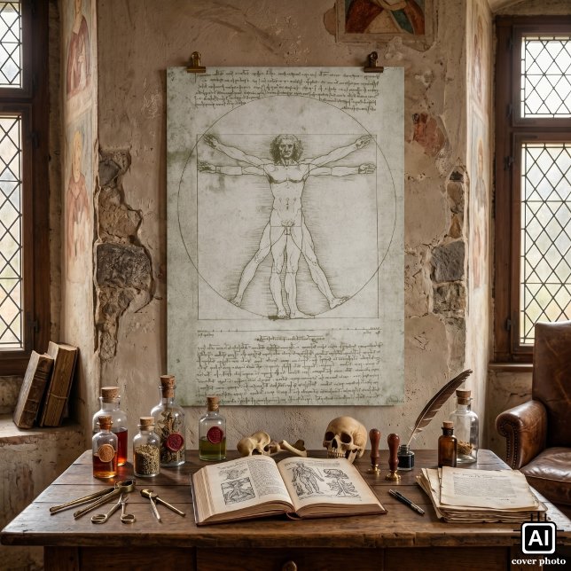 Leonardo da Vinci's Vitruvian Man Poster (Vitruvian Man by Leonardo da Vinci is a vintage Renaissance sketch with 2 superimposed male figures.)
