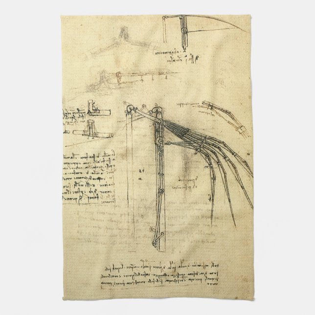 Leonardo da Vinci's Wing on Flying Machine Sketch Tea Towel (Vertical)