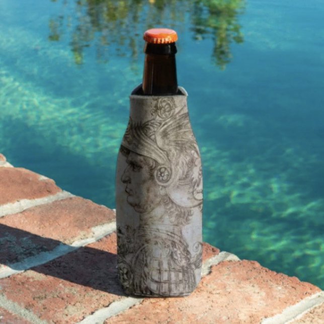 Leonardo’s Helmeted Warrior  Bottle Cooler (Da Vinci’s Ancient Warrior Sketch insulated bottle cooler high-density material. Made in the USA. 
)