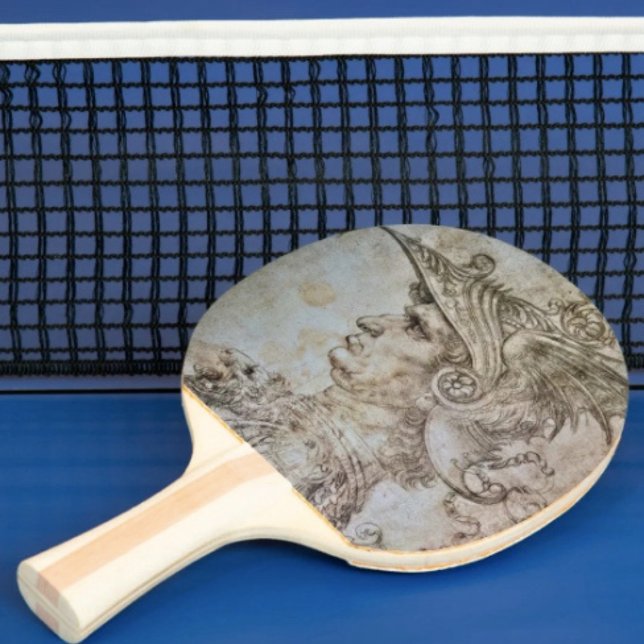 Leonardo’s Helmeted Warrior Ping Pong Paddle (Da Vinci’s Ancient Warrior Sketch 6"x 6.25"strike pad. Ergonomic handle quality laminated hardwood.)
