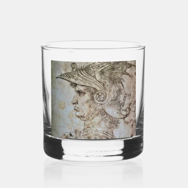Leonardo’s Helmeted Warrior  Whiskey Glass  (Front)