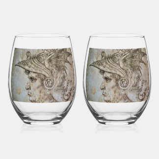 Leonardo's Helmeted Warrior    Stemless Wine Glass