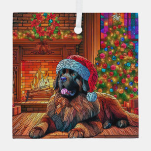 Leonberger in Santa Hat Christmas Square Glass Tree Decoration