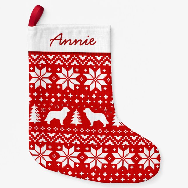 Leonberger Silhouettes Pattern Red and White Leo Small Christmas Stocking (Front)