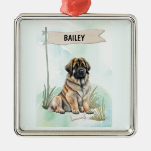 Leonberger Watercolor Personalized Dog Metal Ornament