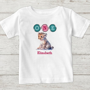 Leopard 1st Birthday one with name pink green Baby T-Shirt