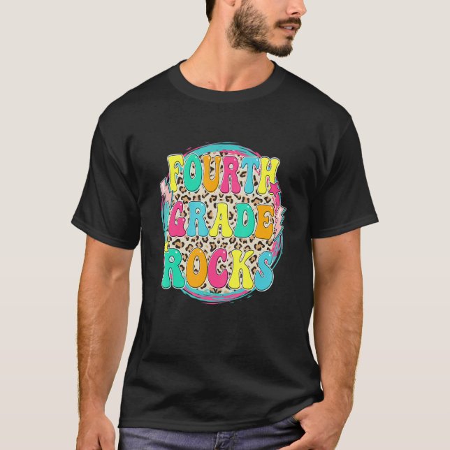 Leopard 4th Grade Rocks Student First Day Of Schoo T-Shirt (Front)
