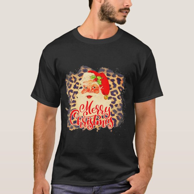 Leopard 70s Santa Merry Christmas Santa Claus T-Shirt (Front)