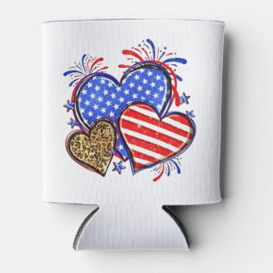Leopard American Flag Heart 4th of July USA Can Cooler