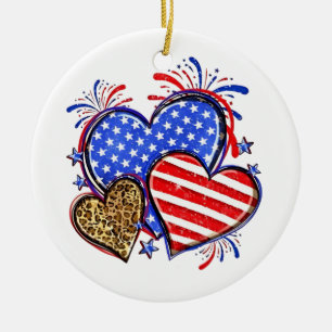 Leopard American Flag Heart 4th of July USA Ceramic Ornament